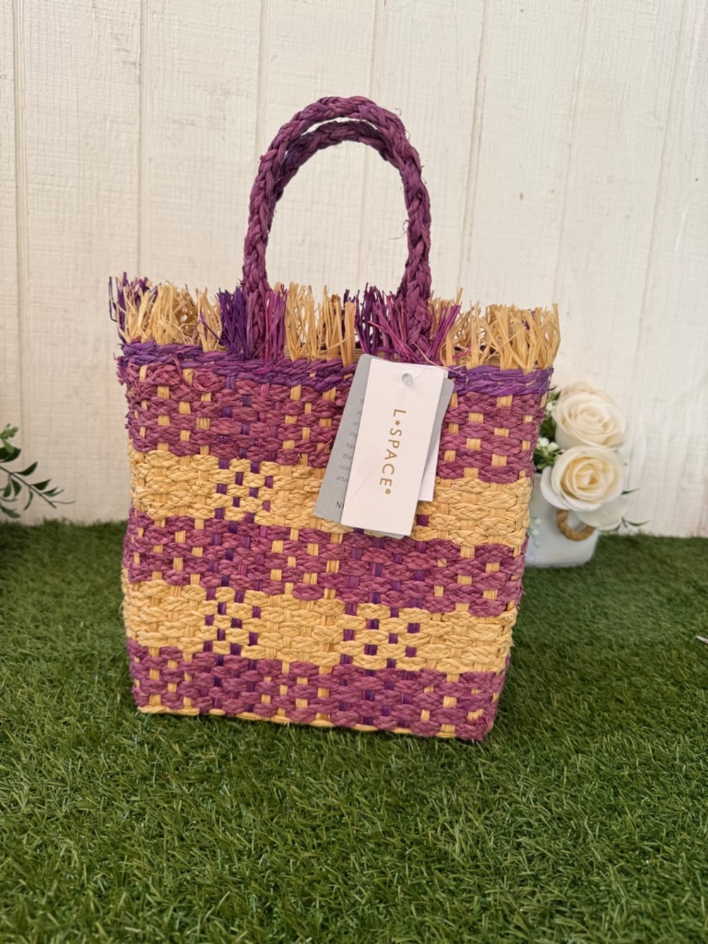 L Space - Charlie Bag - Berry Woven Straw Tote Bag in Purple and Natural New - Picture 3 of 10